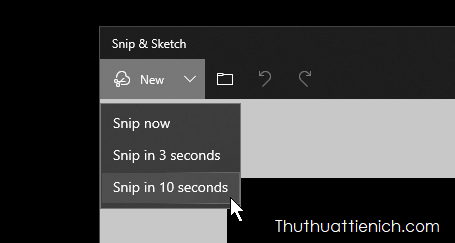 Snip & Sketch cũng có tính năng hẹn giờ chụp ảnh màn hình như trên Snipping Tool với 2 tùy chọn là 3 giây và 10 giây