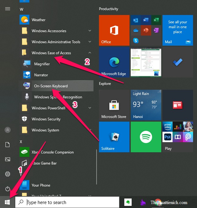 Bạn nhấn nút Start dưới thanh taskbar (hoặc phím Windows trên bàn phím) tìm tới thư mục Windows Ease of Access (ở dưới cùng - chữ W) nhấn chọn công cụ On-Screen Keyboard, đây chính là bàn phím ảo trên Windows 10