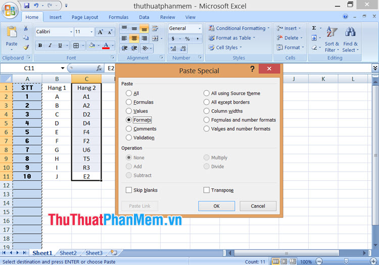 Sử dụng phím tắt mặc định trong Format Painter trên Excel