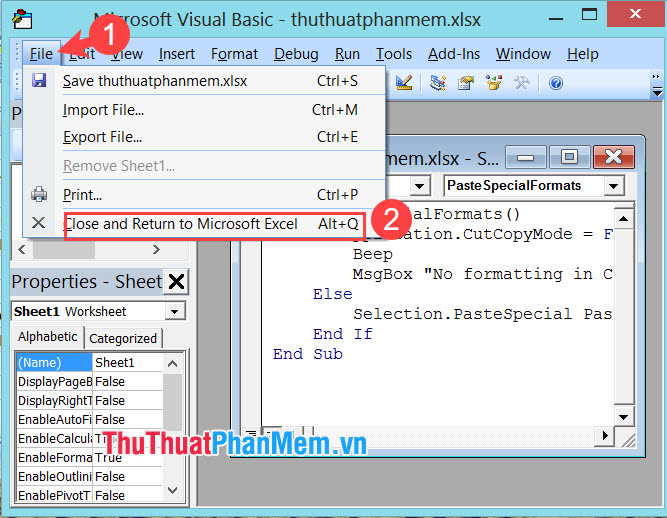Chọn Close and Return to Microsoft Excel