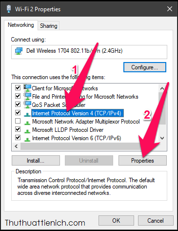 Trên Windows 10/8/7: Nhấn chọn Internet Protocol version 4(TCP/IPv4) rồi nhấn nút Properties