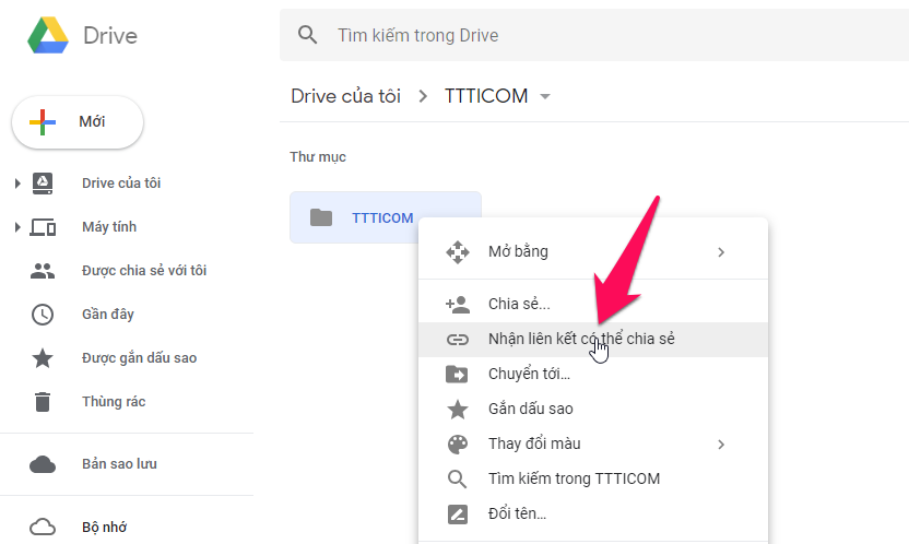 Lấy link chia sẻ. Nếu là Google Drive thì nhấn chuột phải lên tập tin hoặc thư mục chọn Nhập liên kết có thể chia sẻ. Lúc này liên kết đã được sao chép
