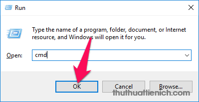 Nhấn tổ hợp phím Windows + R sau đó nhập lệnh cmd vào khung Open rồi nhấn nút OK