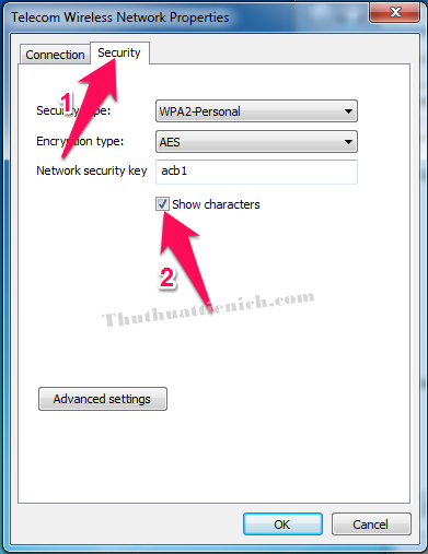 Chọn tab Security trên menu sau đó tích vào phần Show characters. Lúc này mật khẩu sẽ xuất hiện trong khung Network security key