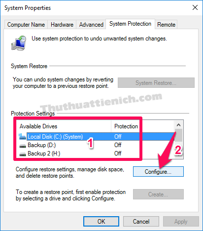 Chọn ổ đĩa cài đặt Windows trong phần Protection Settings sau đó nhấn nút Configure...