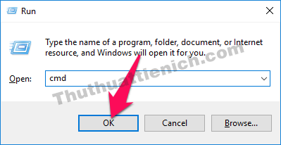 Nhấn tổ hợp phím Windows + R rồi nhập lệnh cmd vào khung Open sau đó nhấn nút OK