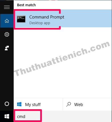Nhập từ khóa cmd vào khung tìm kiếm trên thanh Taskbar rồi chọn Command Prompt