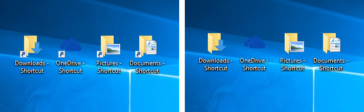 Trước và sau khi xóa nút mũi tên bên cạnh các biểu tượng Shortcut trên màn hình Desktop