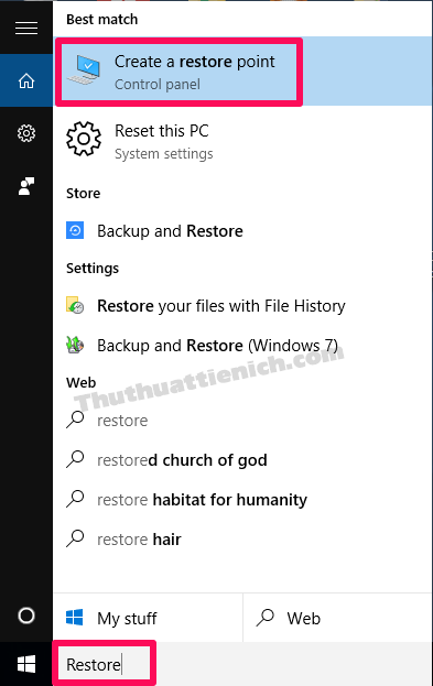 Nhập từ khóa Restore vào khung tìm kiếm trên thanh taskbar rồi chọn Create a restore point