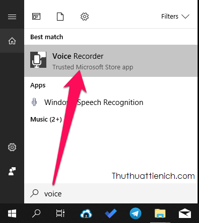 Để mở trình ghi âm có sẵn trên Windows 10, bạn nhấn Windows + S sau đó nhập từ khóa tìm kiếm là voice, lúc này sẽ xuất hiện ứng dụng Voice Recorder trên tìm kiếm. Bạn nhấn vào ứng dụng để mở