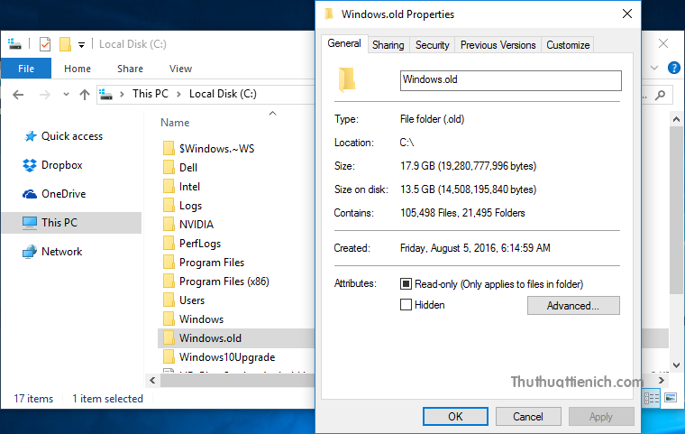 Thư mục Windows.old chiếm hơn 10 GB dung lượng lưu trữ của ổ đĩa