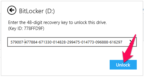 Nhập key này vào khung mở khóa BitLocker rồi nhấn nút Unlock