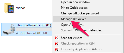 Nhấn chuột phải lên ổ đĩa được khóa với BitLocker (đã mở khóa) chọn Manage BitLocker