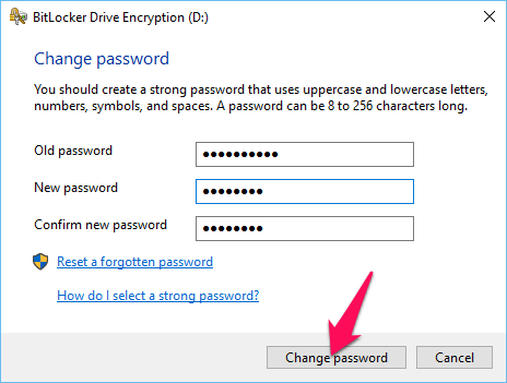 Nhập mật khẩu cũ và mới rồi nhấn nút Change password