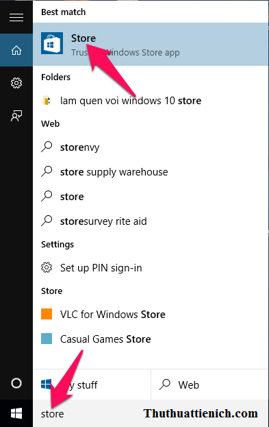 Tìm với với từ khoán Store với khung tìm kiếm trên taskbar