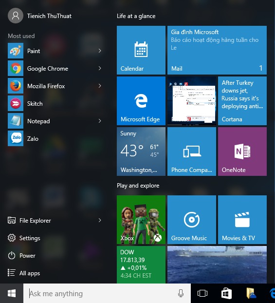 Start menu trên Windows 10