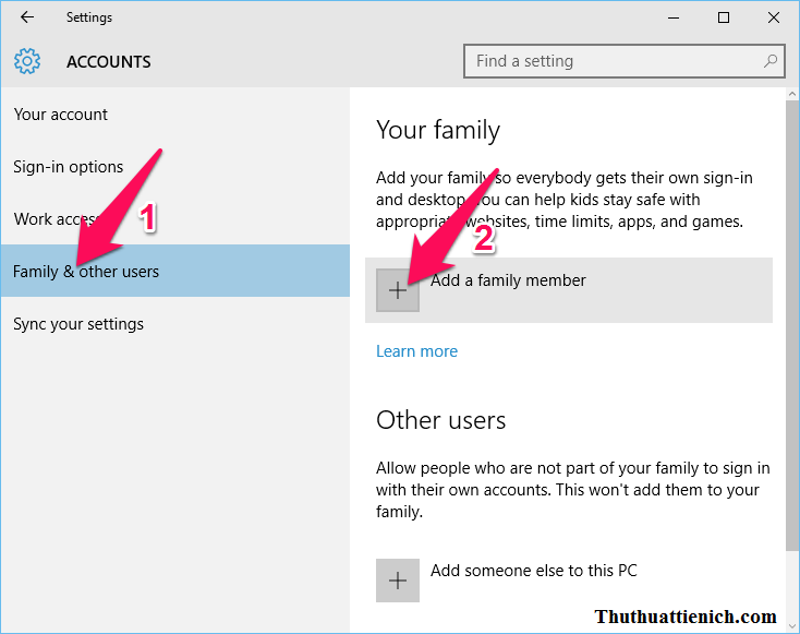 Chọn Family & other users trong menu bên trái sau đó nhìn sang bên phải nhấn nút Add a family member trong phần Your family
