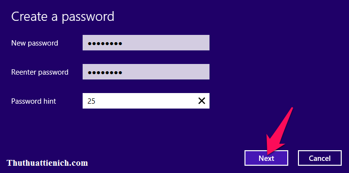 Nhập mật khẩu bạn muốn tạo trong 2 khung New Password và Reenter password rồi nhấn nút Next