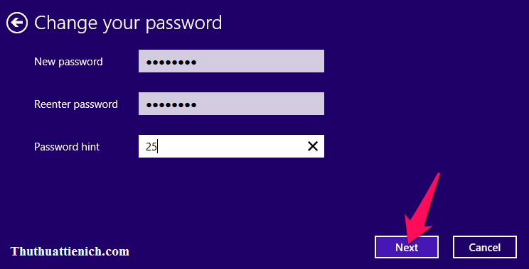 Nhập mật khẩu mới trong 2 khung New password và Reenter password rồi nhấn nút Next