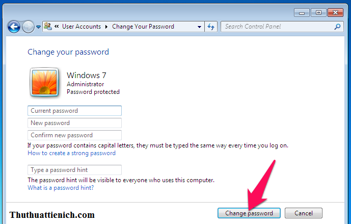 Nhập các thông tin vào Form đổi mật khẩu Windows 7 rồi nhấn nút Change Password