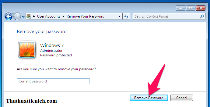 Nhập mật khẩu vào khung Current password rồi nhấn nút Remove Password