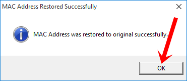 Thông báo khôi phục địa chỉ MAC gốc của máy tính thành công