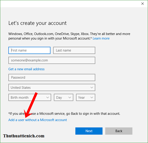 Nhấn vào dòng Add a user without a Microsoft account
