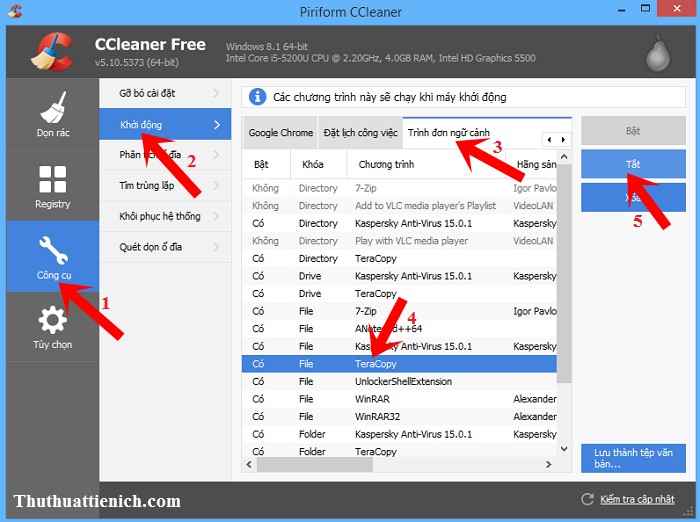 Tắt bớt các chương trình được thêm vào menu chuột phải bằng phần mềm CCleaner