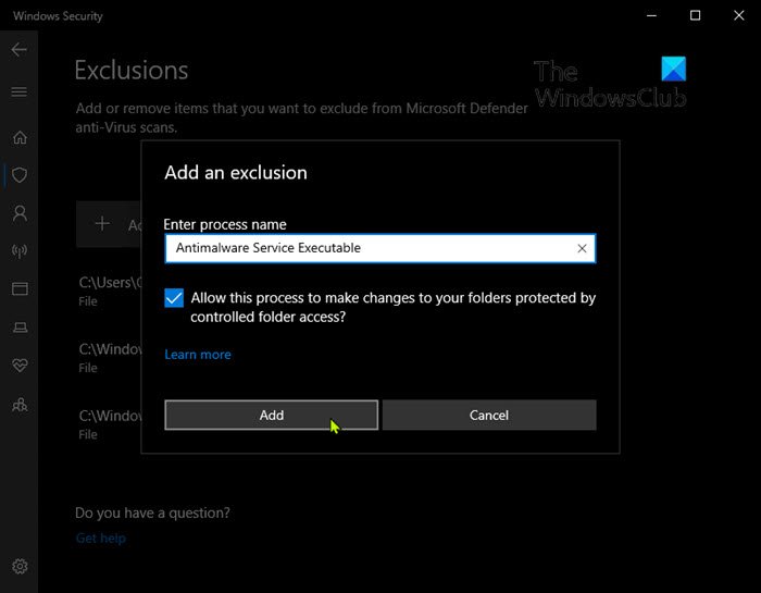 Thêm dịch vụ chống phần mềm độc hại thực thi vào danh sách loại trừ Windows Defender