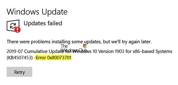 Cập nhật Windows không thành công 0x80073701