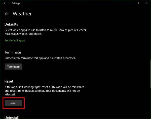 Ứng dụng Thời tiết trên Windows 10 không hoạt động