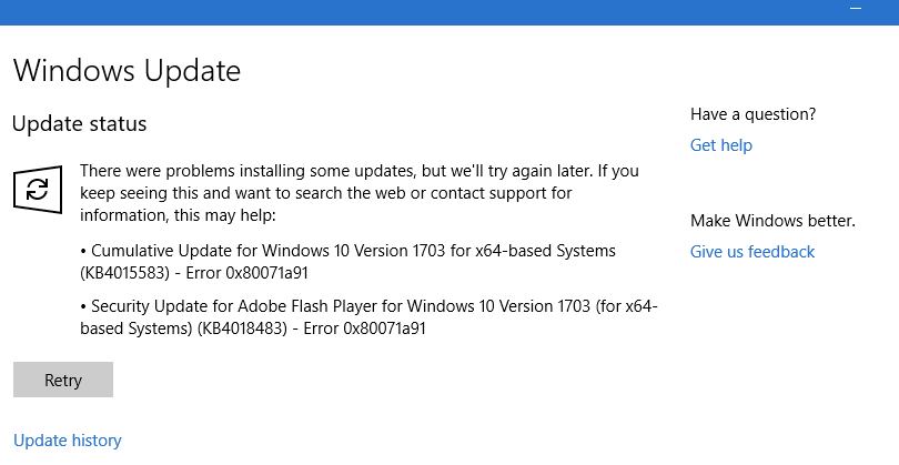 Lỗi cập nhật Windows 0x80071a91