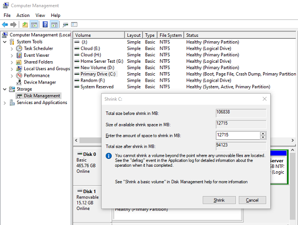 Thu nhỏ âm lượng trong Công cụ quản lý đĩa Windows 10
