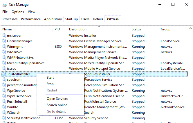 Khởi động Windows Modular Service
