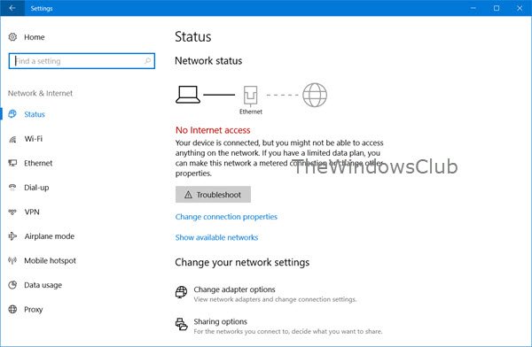 Không có truy cập Internet trong Windows 10