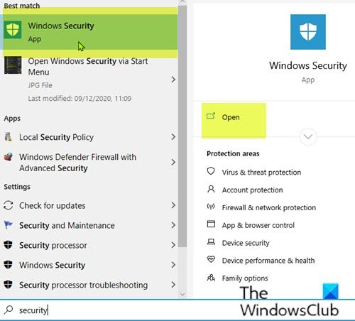 Open Windows Security qua Search