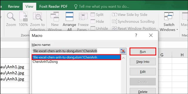 Bấm Run để kích hoạt chạy file ảnh vào Excel