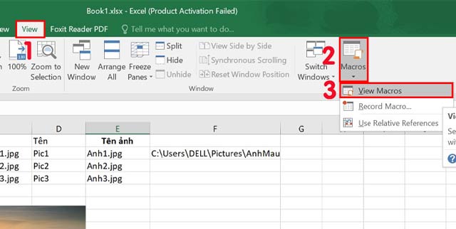 Chọn View Macros khi chèn ảnh vào Excel