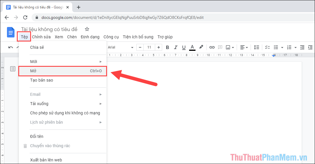 Để thêm tài liệu Word vào Google Document, chọn mục Tệp - Mở (Ctrl + O)