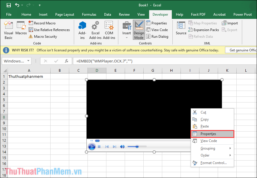 Để lựa chọn video, nhạc chèn vào file Excel, bạn hãy Click chuột phải vào cửa sổ và chọn Properties