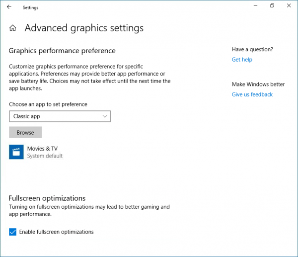 Bật hoặc tắt tối ưu hóa Toàn màn hình trên Windows 10