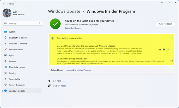 Hủy đăng ký các thiết bị Windows 11 khỏi Chương trình Người dùng nội bộ Windows