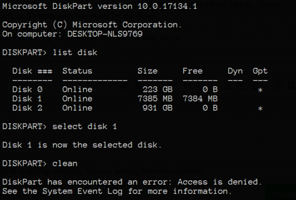 DiskPart đã gặp lỗi: Quyền truy cập bị từ chối