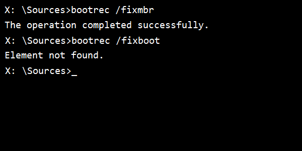Lỗi không tìm thấy phần tử cho Bootrec/Fixboot