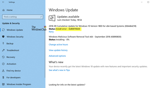 Windows Update Lỗi cài đặt 0x80070020