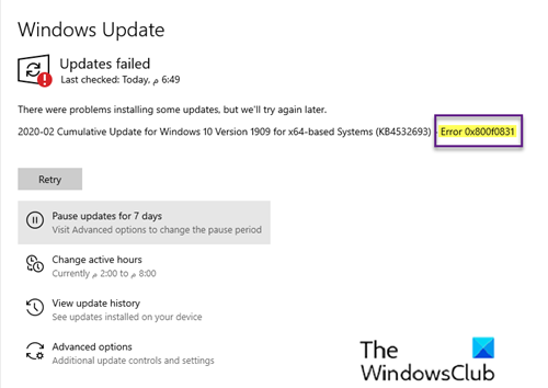 Lỗi cập nhật Windows 10 0x800f0831