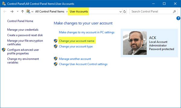 Thay đổi tên người dùng tài khoản trong Windows 10