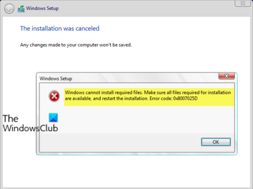 Windows không thể cài đặt các tệp được yêu cầu, Mã lỗi 0x8007025D