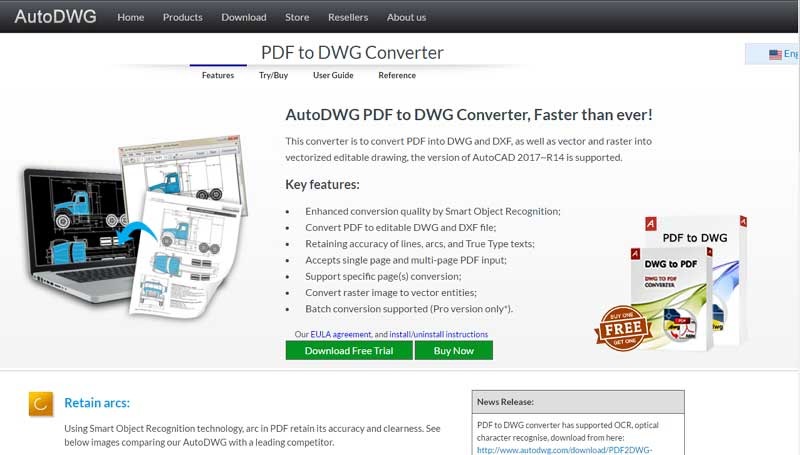 Giao diện trang web tải phần mềm chuyển PDF sang CAD của AutoDWG.