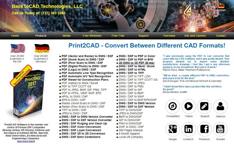 Giao diện trang web tải phần mềm chuyển PDF sang CAD của Print2CAD.